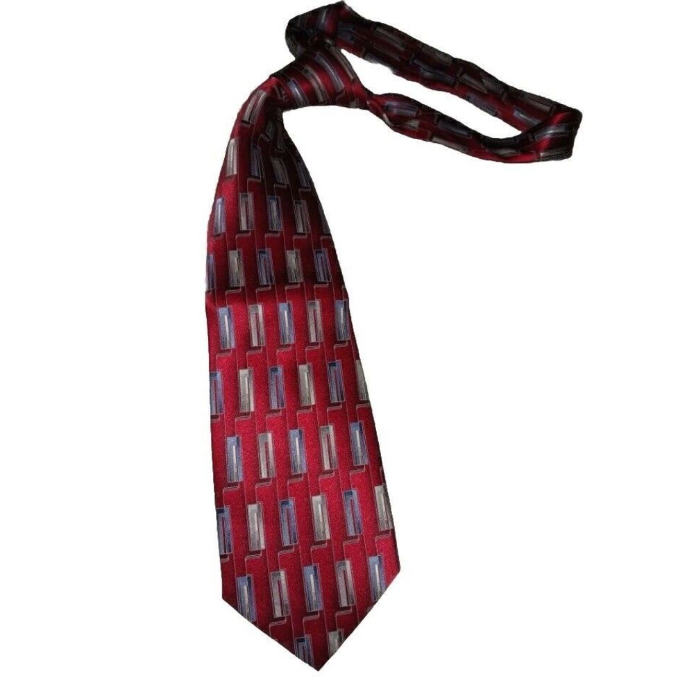 Umberto Bossi Burgundy Gray Tan Silk Men Geometric Classic 56" Italy Necktie Tie